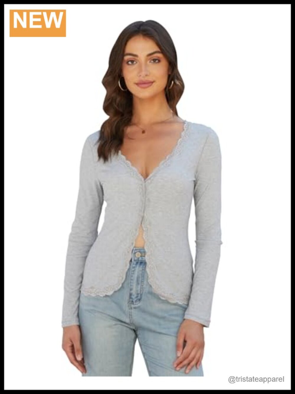 Cropped Lightweight Ribbed V Neck Lace Trim Button Down Cardigan